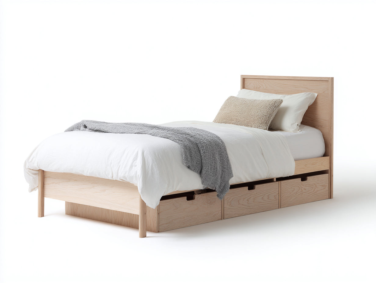 Einzelbett aus Holz 210 x 100 x 105 cm - Helle Eiche - 3 Schubladen und gerahmtes Kopfteil