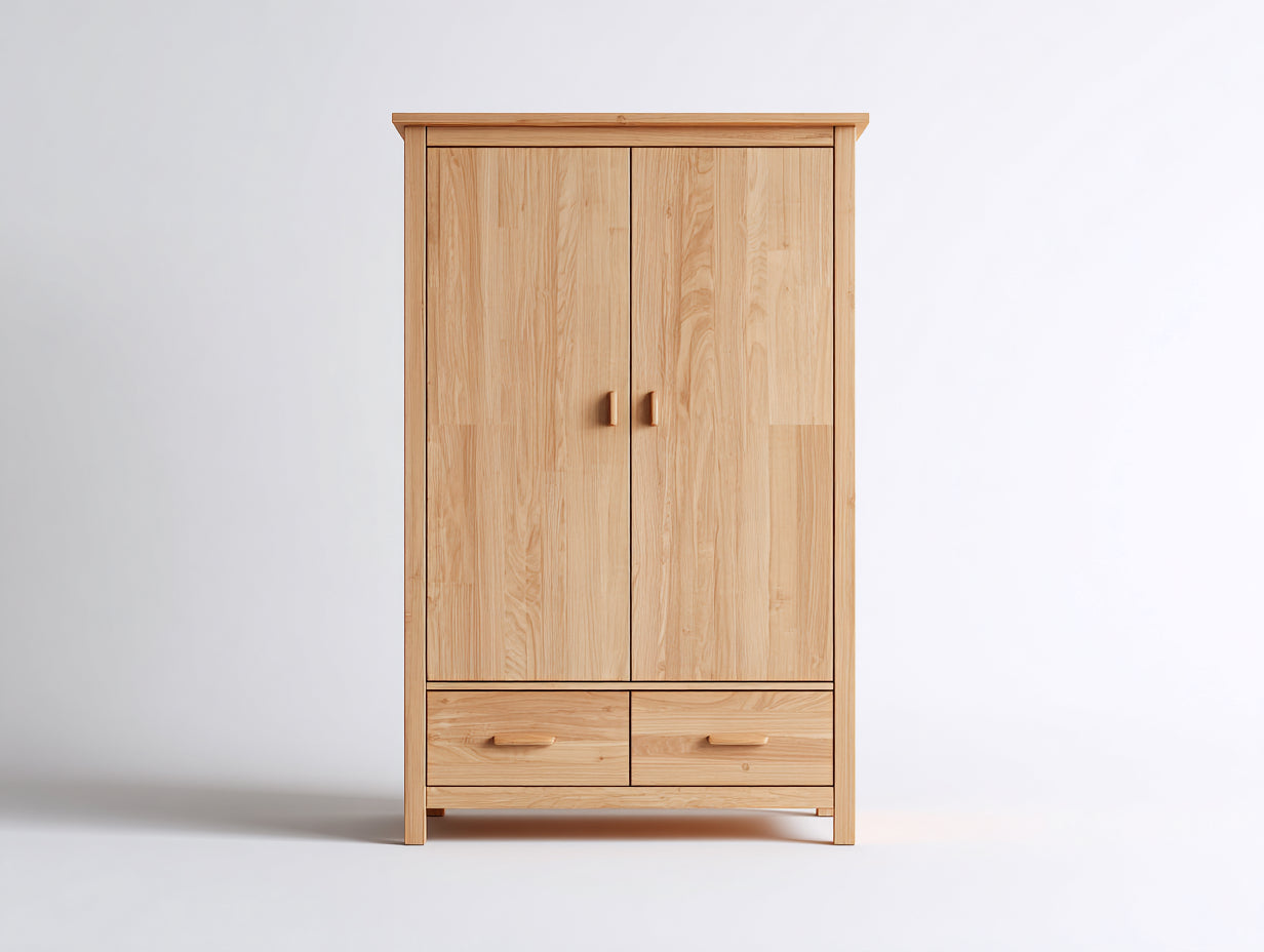 Kleiderschrank aus Holzwerkstoff 110 x 55 x 195 cm - Natur - Klassischer 2-Türer mit 2 Schubladen und Holzgriffen