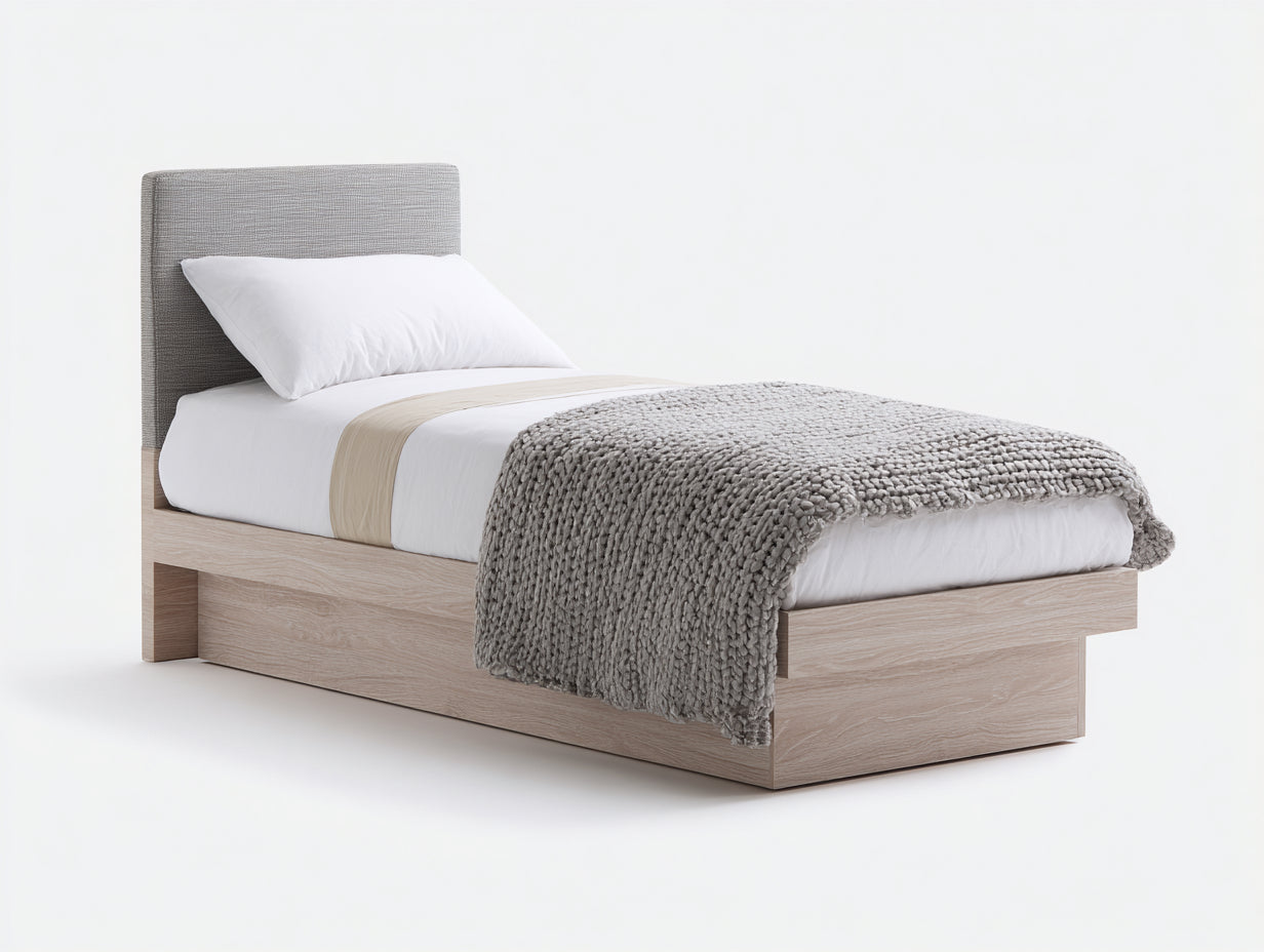 Einzelbett aus Holzwerkstoff und Stoff 210 x 100 x 110 cm - Helle Eiche und Grau - Gepolstertes Kopfteil mit modernem Sockeldesign