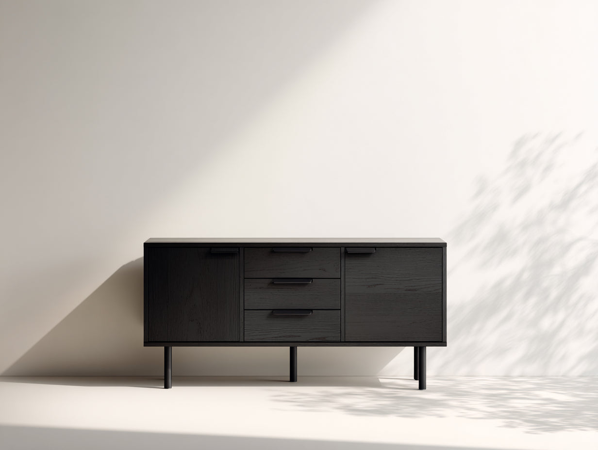 Dielenschränke aus Holzwerkstoff 140 x 40 x 78 cm - Schwarz - 2 Türen und 3 Schubladen mit Metallbeinen