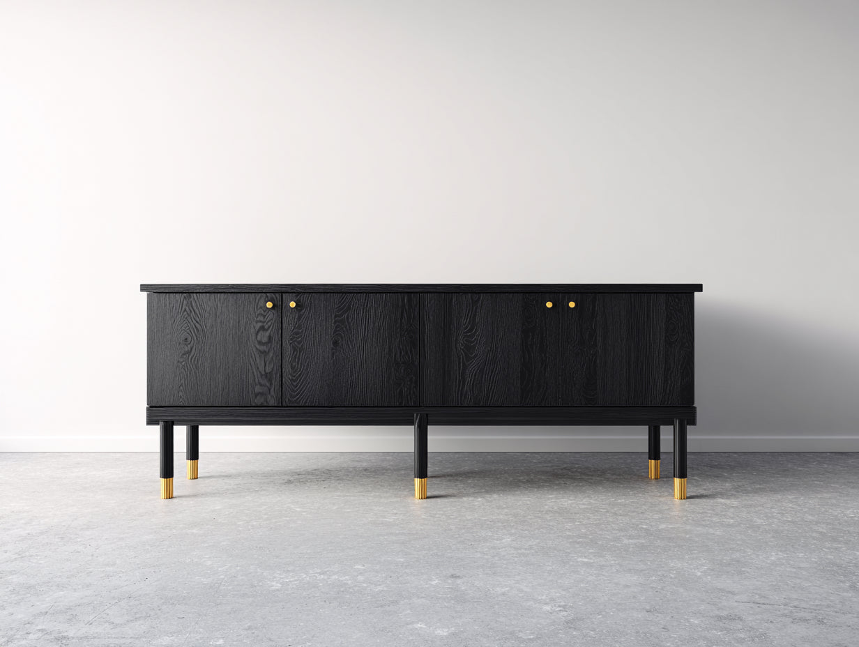 Dielenschränke aus Holzwerkstoff und Metall 180 x 40 x 75 cm - Schwarz mit goldfarbenen Akzenten - 4 Türen und erhöhtes Gestell