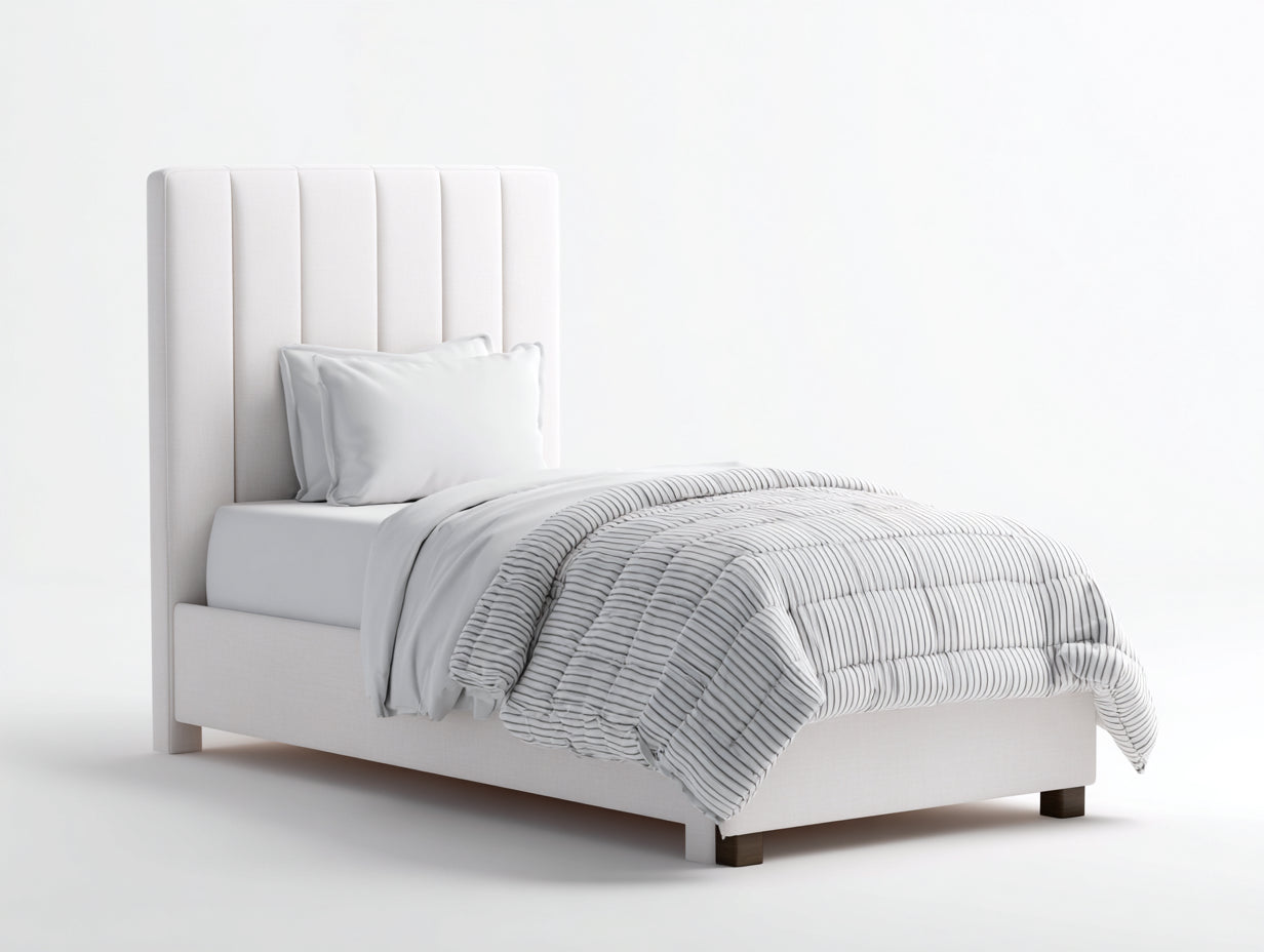 Einzelbett mit Stoffbezug 215 x 115 x 145 cm - Weiß - modernes Design mit hohem gepolstertem Kopfteil
