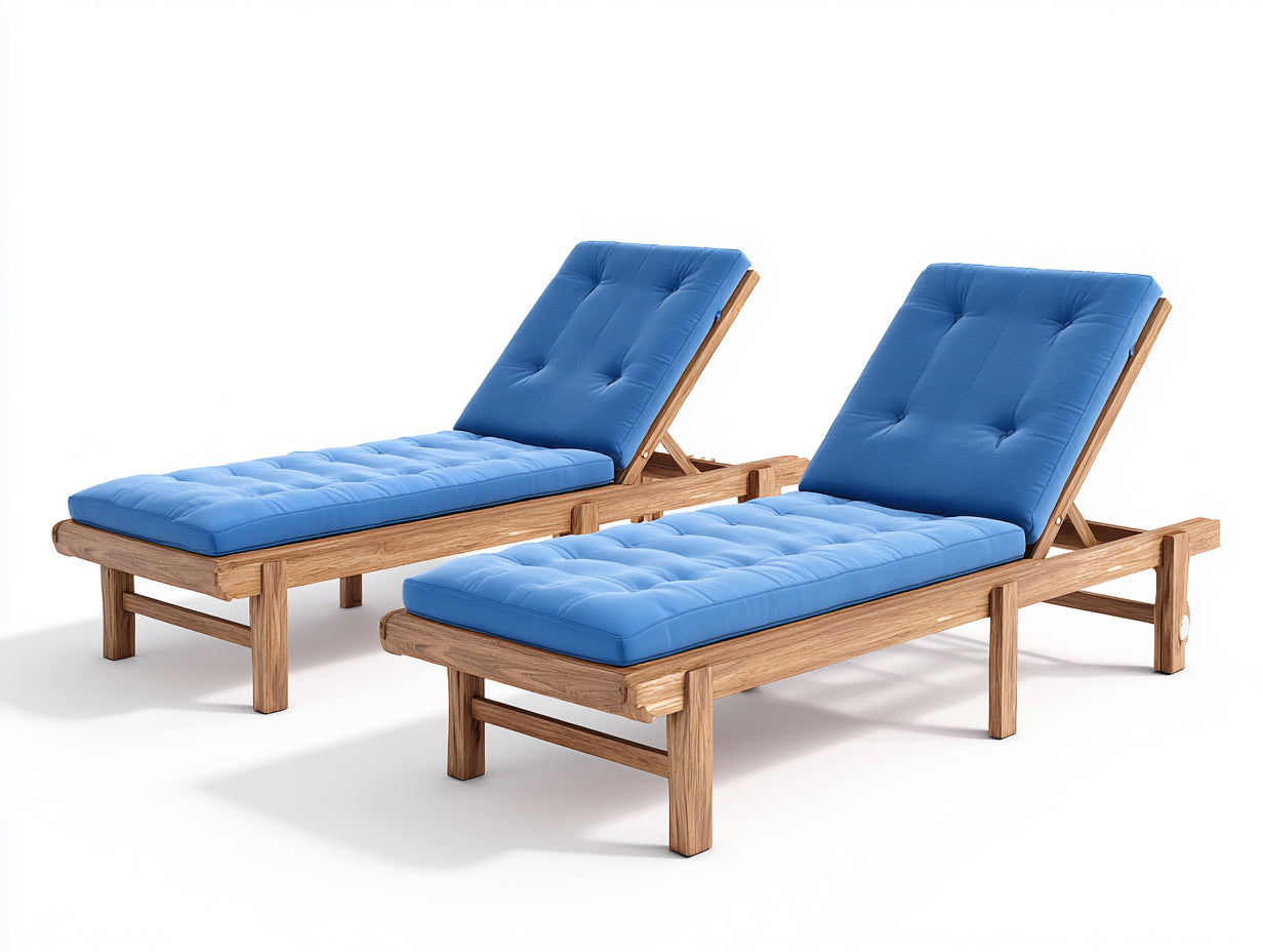 Sonnenliege 2er Set aus Holz 200 x 70 x 90 cm - Naturholz und Blau - Verstellbare Rückenlehnen mit Polsterauflagen