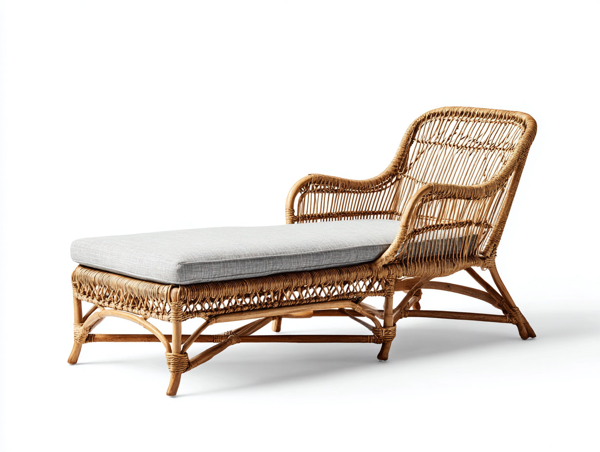 Sonnenliege aus Rattangeflecht mit Armlehnen 175 x 75 x 88 cm - Braun und Hellgrau - Geschwungene Relaxliege für Terrasse und Wintergarten