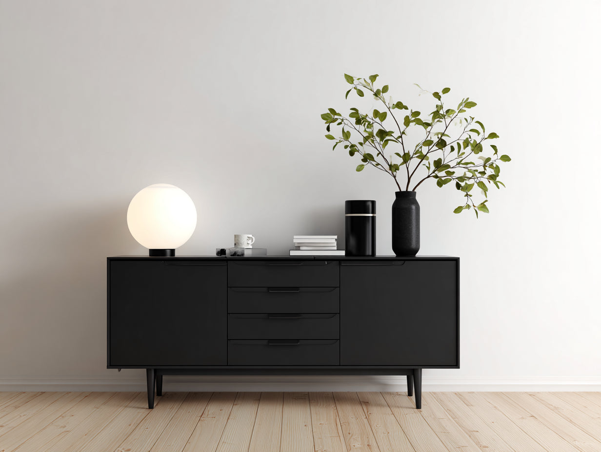 Dielenschränke - Dielenschrank aus Holzwerkstoff 180 x 40 x 78 cm - Schwarz - 2 Türen 3 Schubladen und erhöhte Beine - Modernes Design
