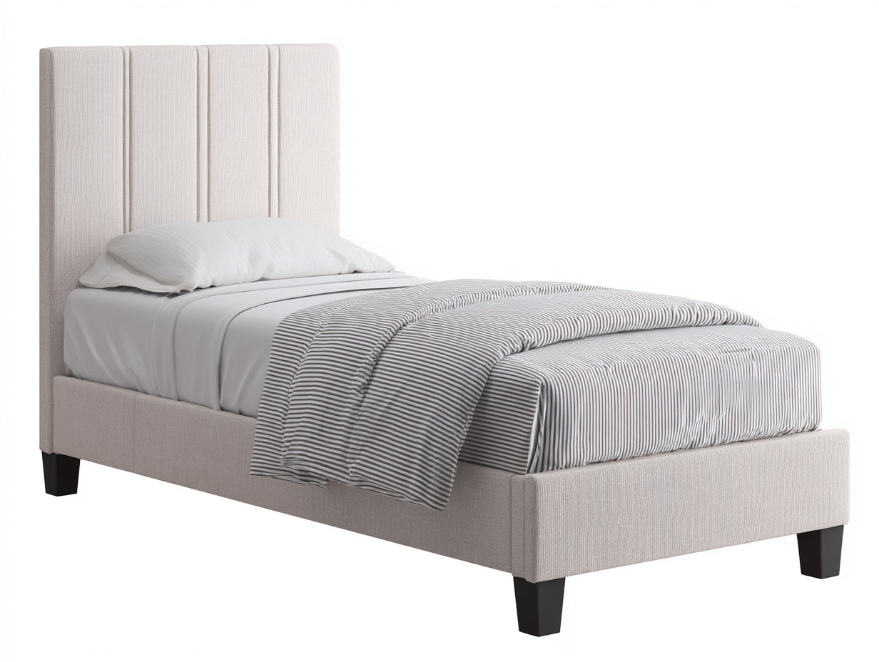 Einzelbett mit Webstoffbezug 212 x 105 x 125 cm - Creme - Gepolstertes Bett mit hohem vertikal abgestepptem Kopfteil und Holzfüßen