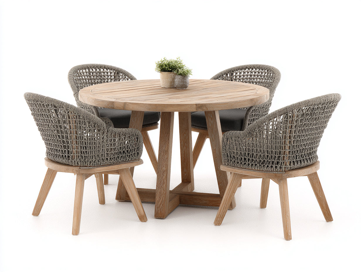 Garten Essgarnitur 5-teilig aus Holz und Seilgeflecht 120 x 120 x 75 cm - Naturholz und Grau - Runder Esstisch mit 4 Armlehnstühlen für Terrasse und Garten