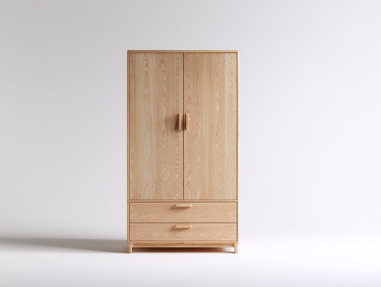 Kleiderschrank - Kleiderschrank aus Holzwerkstoff 100 x 55 x 190 cm - Eiche hell - 2 Türen 2 Schubladen und erhöhte Füße - Natürliches Design