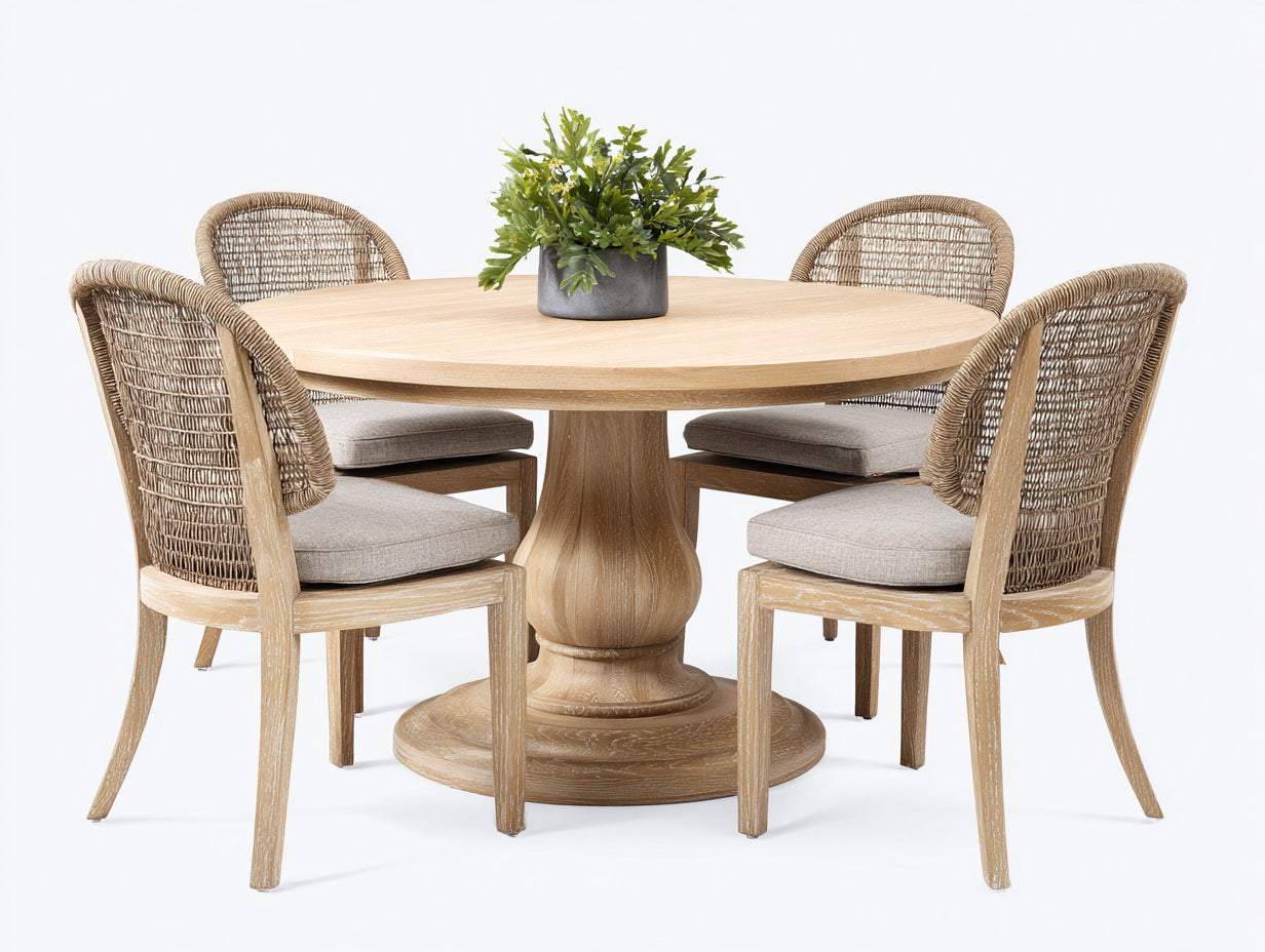 Garten Essgarnituren aus Holz und Geflecht 120 x 120 x 76 cm - Naturholz und Beige - Runder Tisch mit 4 Stühlen