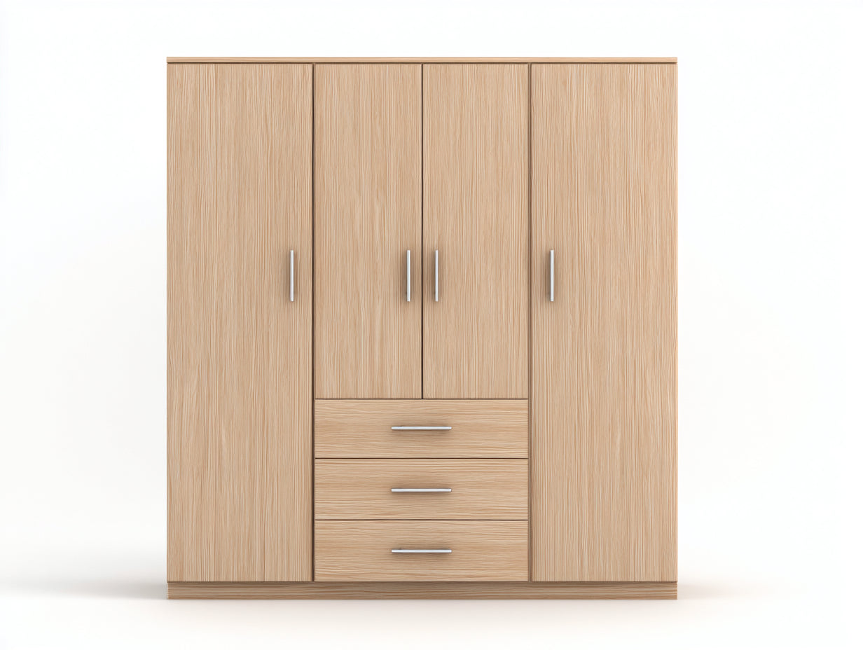 Kleiderschrank aus Holzwerkstoff 180 x 55 x 200 cm - Helle Eiche - 4 Türen und 3 Schubladen