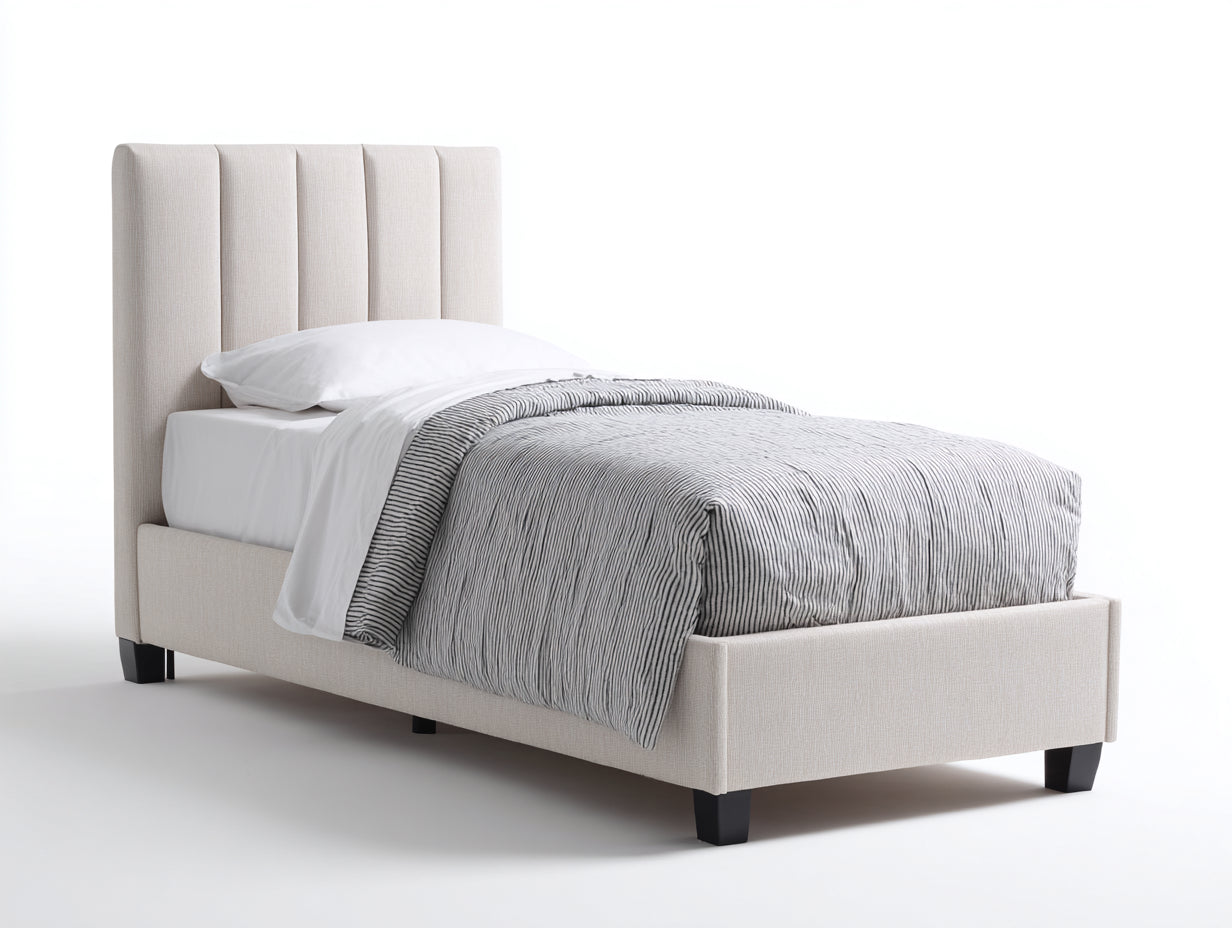 Einzelbett aus Stoff und Holz 210 x 105 x 120 cm - Beige - Gepolstertes Kopfteil mit vertikaler Steppung