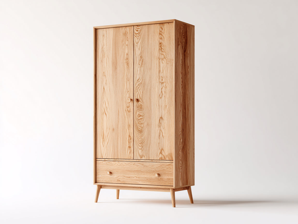 Kleiderschrank aus Holzwerkstoff 100 x 55 x 190 cm - Natur - Skandinavischer 2-Türer mit 1 Schublade und erhöhten Holzfüßen
