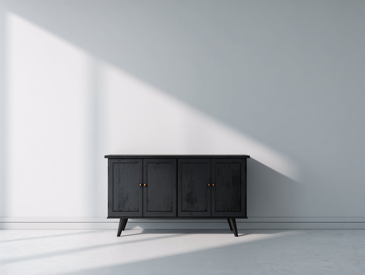 Dielenschränke aus Holzwerkstoff 150 x 40 x 85 cm - Schwarz und Kupferfarben - Moderner Flurschrank mit 4 Türen und schrägen Füßen