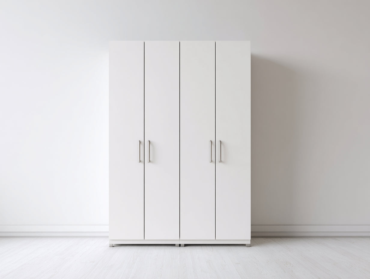 Kleiderschrank aus Holzwerkstoff 160 x 55 x 200 cm - Weiß und silberfarben - modernes Design mit 4 Drehtüren