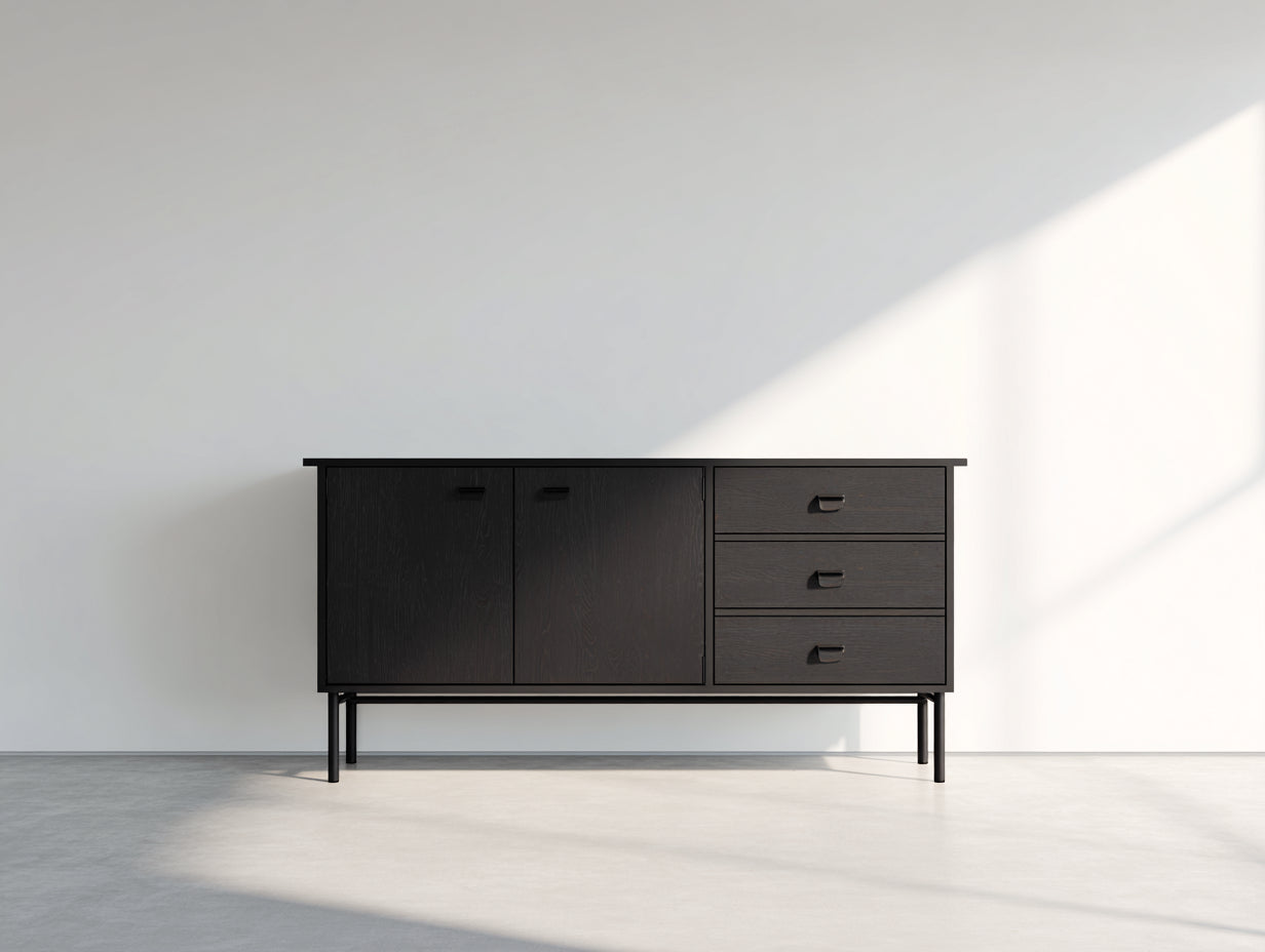 Dielenschrank aus Holzwerkstoff 145 x 42 x 80 cm - Schwarz und Dunkelbraun - modernes Design mit 2 Türen und 3 Schubladen