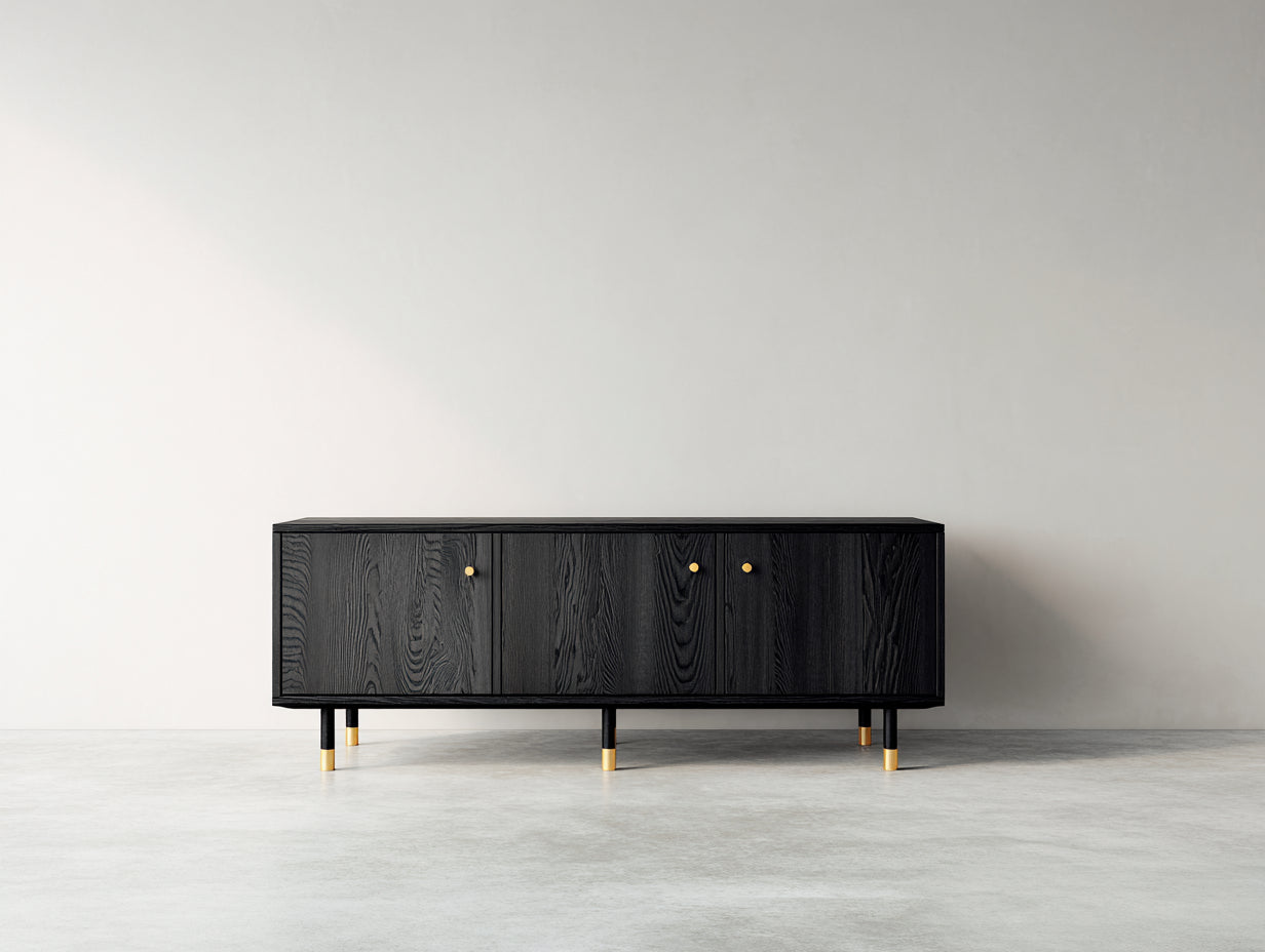 Dielenschrank aus Holzwerkstoff 180 x 42 x 72 cm - Schwarz - modernes Design mit 3 Türen und messingfarbenen Details