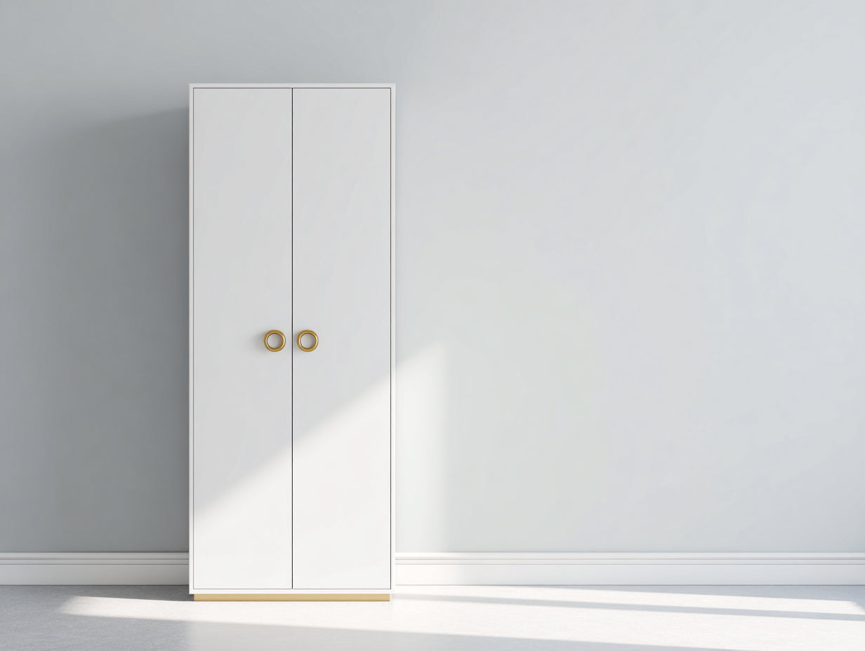 Kleiderschrank mit 2 Türen aus Holzwerkstoff 80 x 50 x 190 cm - Weiß mit goldfarbenen Details - Schlankes modernes Design für Schlafzimmer und Ankleidezimmer