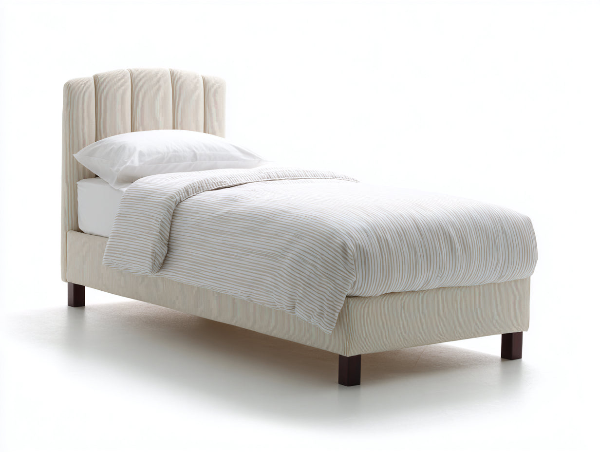 Einzelbett mit Cordstoffbezug 210 x 108 x 112 cm - Creme - Gepolstertes Bett mit vertikal gegliedertem Kopfteil und erhöhten Holzfüßen