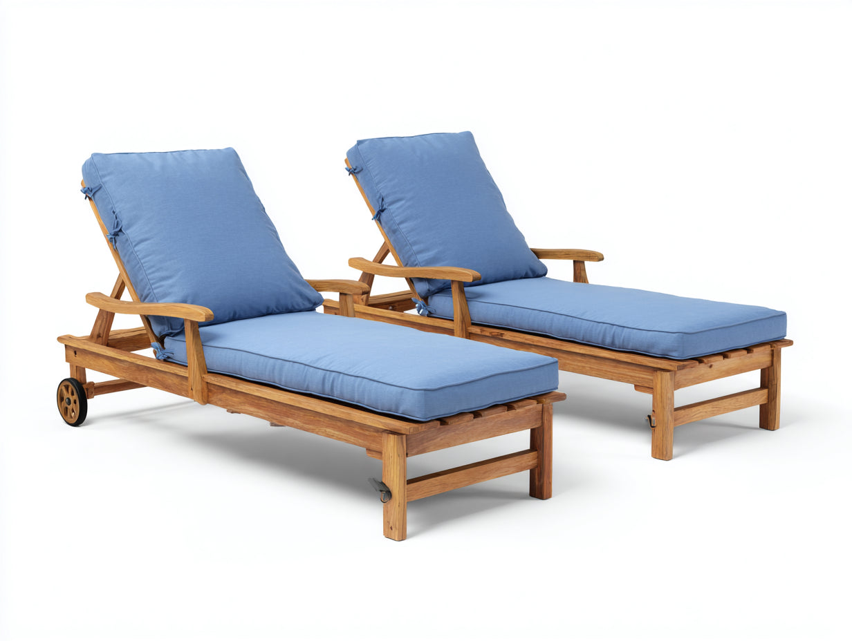 Sonnenliege - 2er-Set Sonnenliegen aus Holz 200 x 68 x 92 cm - Natur und Blau - Verstellbare Rückenlehnen Armlehnen und Rollen - Modernes Gartendesign