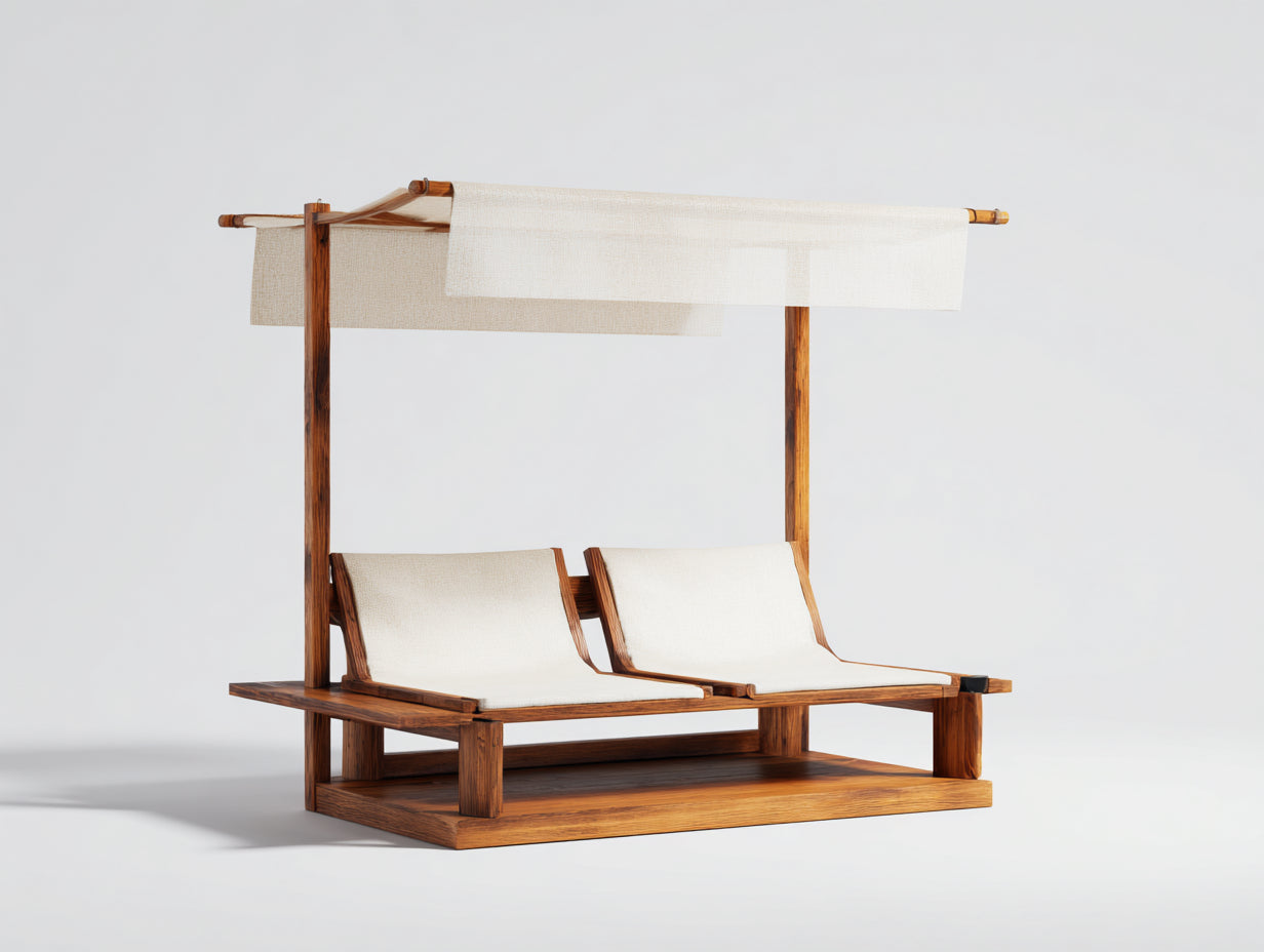 Sonnenliege für 2 Personen aus Holz 210 x 165 x 195 cm - Naturfarben und Creme - Doppelliege mit textilem Sonnendach