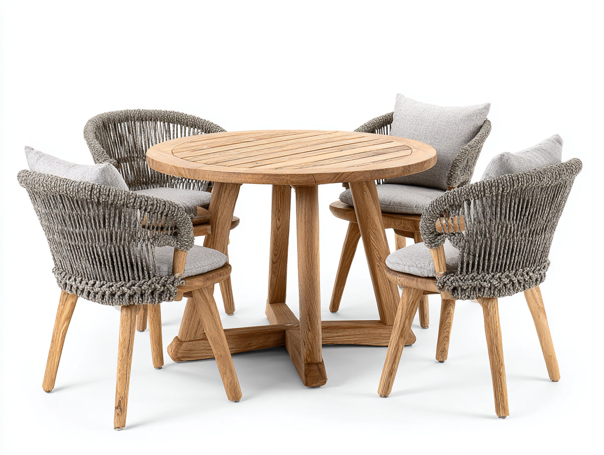 Garten Essgarnituren 5-teilig aus Holz und Seilgeflecht 120 x 120 x 75 cm - Naturfarben und Grau - runder Tisch mit 4 Stühlen