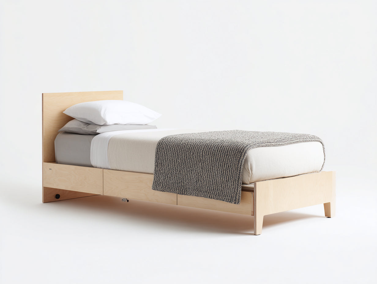 Einzelbett aus Schichtholz 210 x 100 x 92 cm - Naturholz - Minimalistisches Design mit erhöhtem Bettrahmen für Schlafzimmer