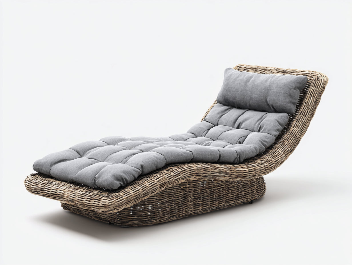 Sonnenliege aus Rattangeflecht und Stoff 185 x 75 x 90 cm - Naturbraun und Grau - Geschwungene Liegeform mit Polsterauflage
