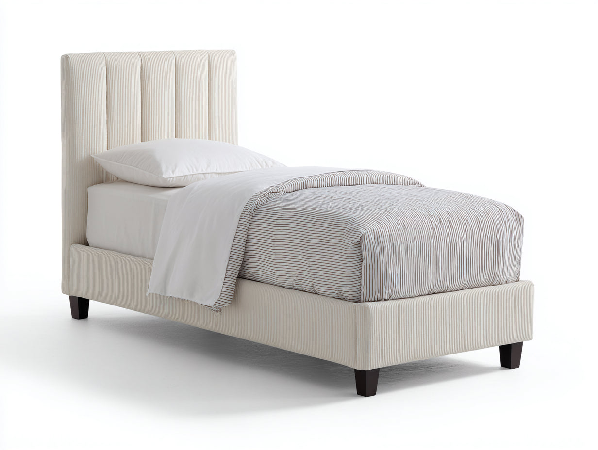 Einzelbett gepolstert mit Cordstoff 210 x 102 x 120 cm - Cremeweiß - Hohes Kopfteil mit vertikaler Steppung für Schlafzimmer