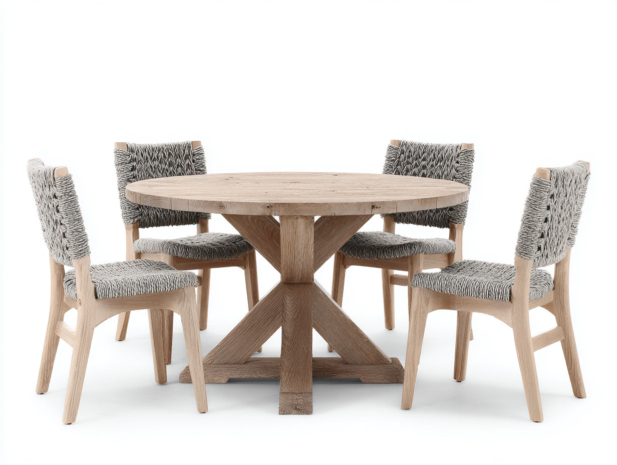 Garten Essgarnituren aus Holz mit Seilgeflecht 130 x 130 x 76 cm - Natur und Grau - Runde 5-teilige Sitzgruppe für Terrasse und Garten