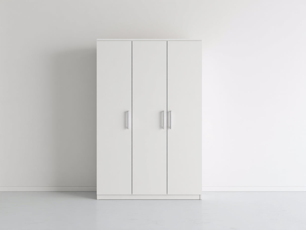 Kleiderschrank - Kleiderschrank aus Holzwerkstoff 120 x 52 x 190 cm - Weiß und Silberfarben - 3 Türen mit Bügelgriffen - Modernes Design