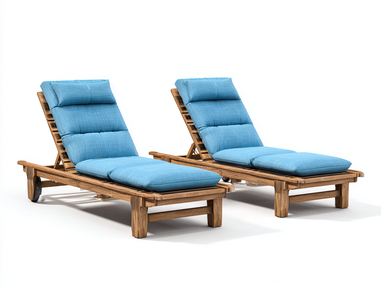 Sonnenliege 2er-Set aus Holz 198 x 65 x 92 cm - Natur und Blau - Verstellbare Gartenliegen mit gepolsterten Auflagen und Transportrollen