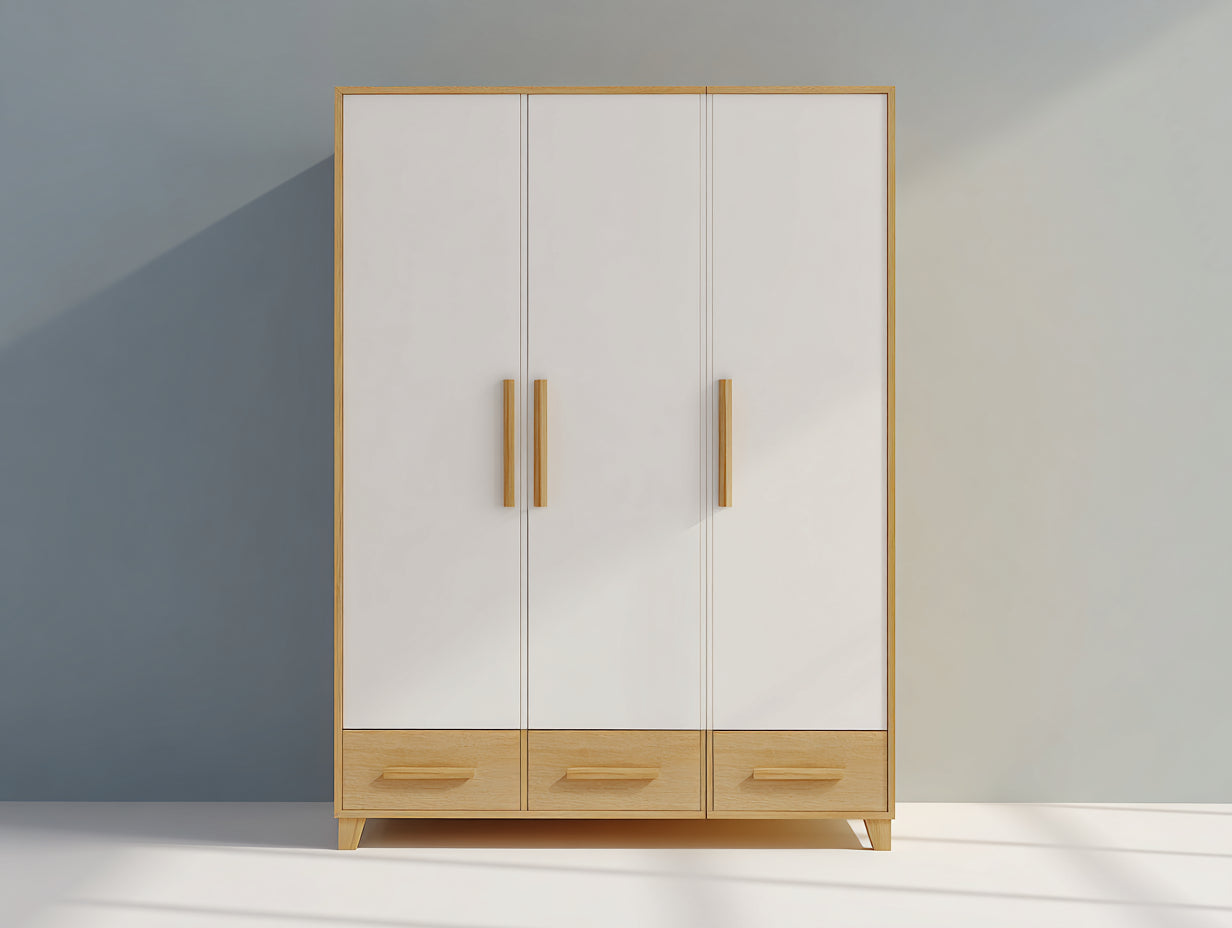 Kleiderschrank - Kleiderschrank aus Holzwerkstoff 150 x 55 x 200 cm - Weiß und Eiche hell - 3 Türen 3 Schubladen und erhöhte Füße - Modernes Design