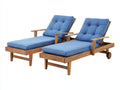 Sonnenliege 2er-Set aus Holz 200 x 68 x 88 cm - Natur und Blau - Verstellbare Gartenliegen mit Armlehnen Auflagen und Transportrollen