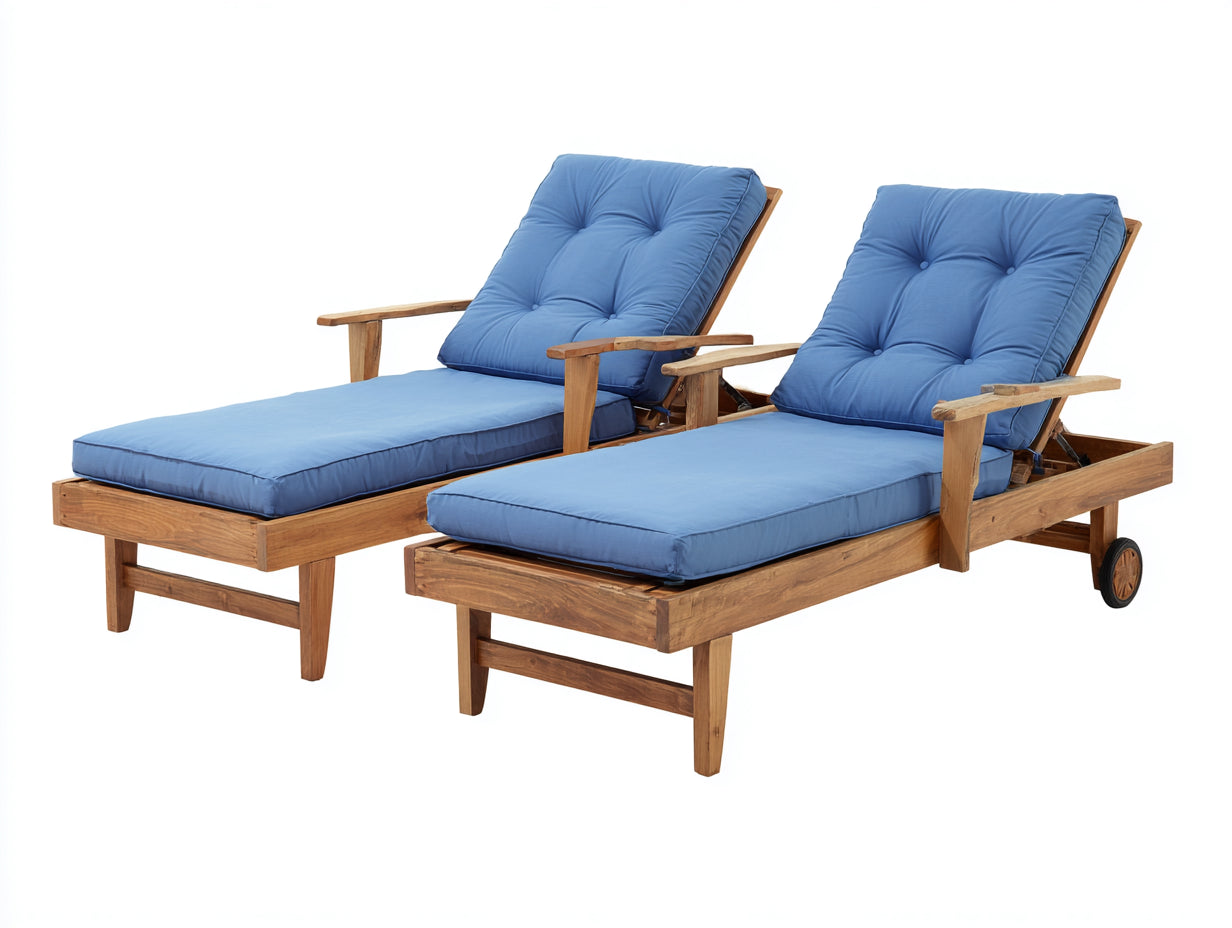 Sonnenliege 2er-Set aus Holz 200 x 68 x 88 cm - Natur und Blau - Verstellbare Gartenliegen mit Armlehnen Auflagen und Transportrollen