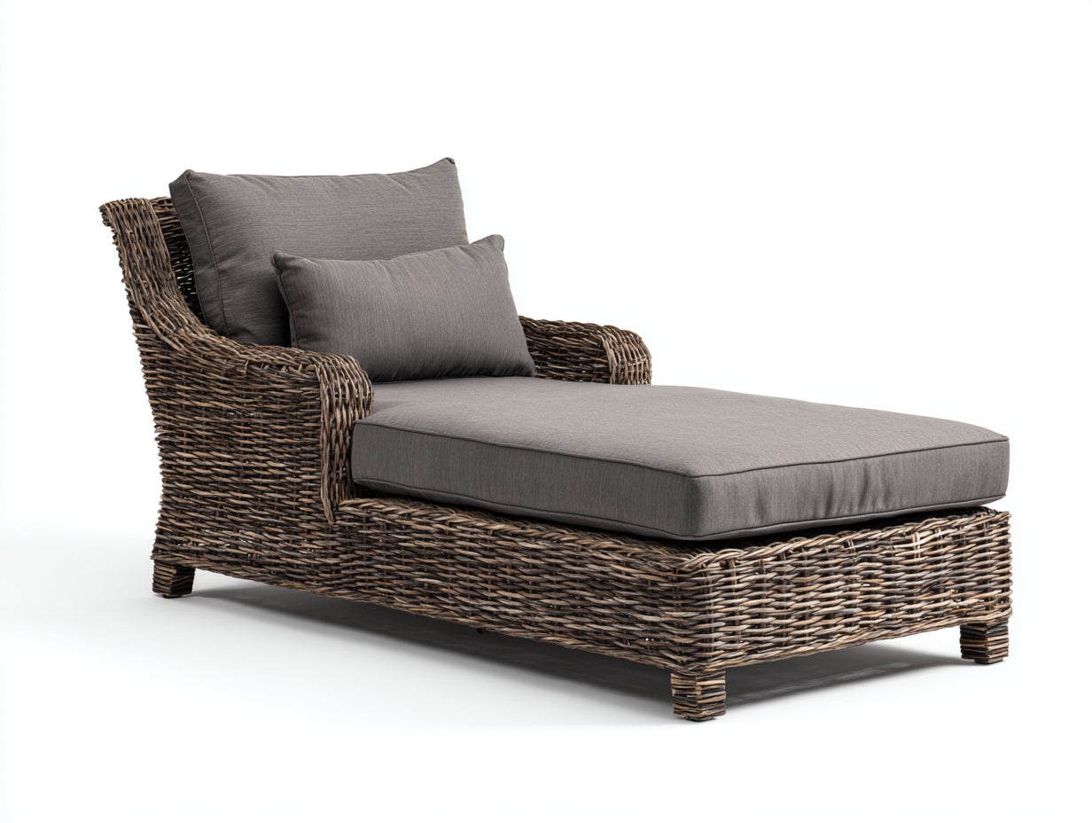 Sonnenliege aus Rattangeflecht 195 x 82 x 94 cm - Braun und Grau - Gepolsterte Gartenliege mit Armlehnen und hoher Rückenlehne