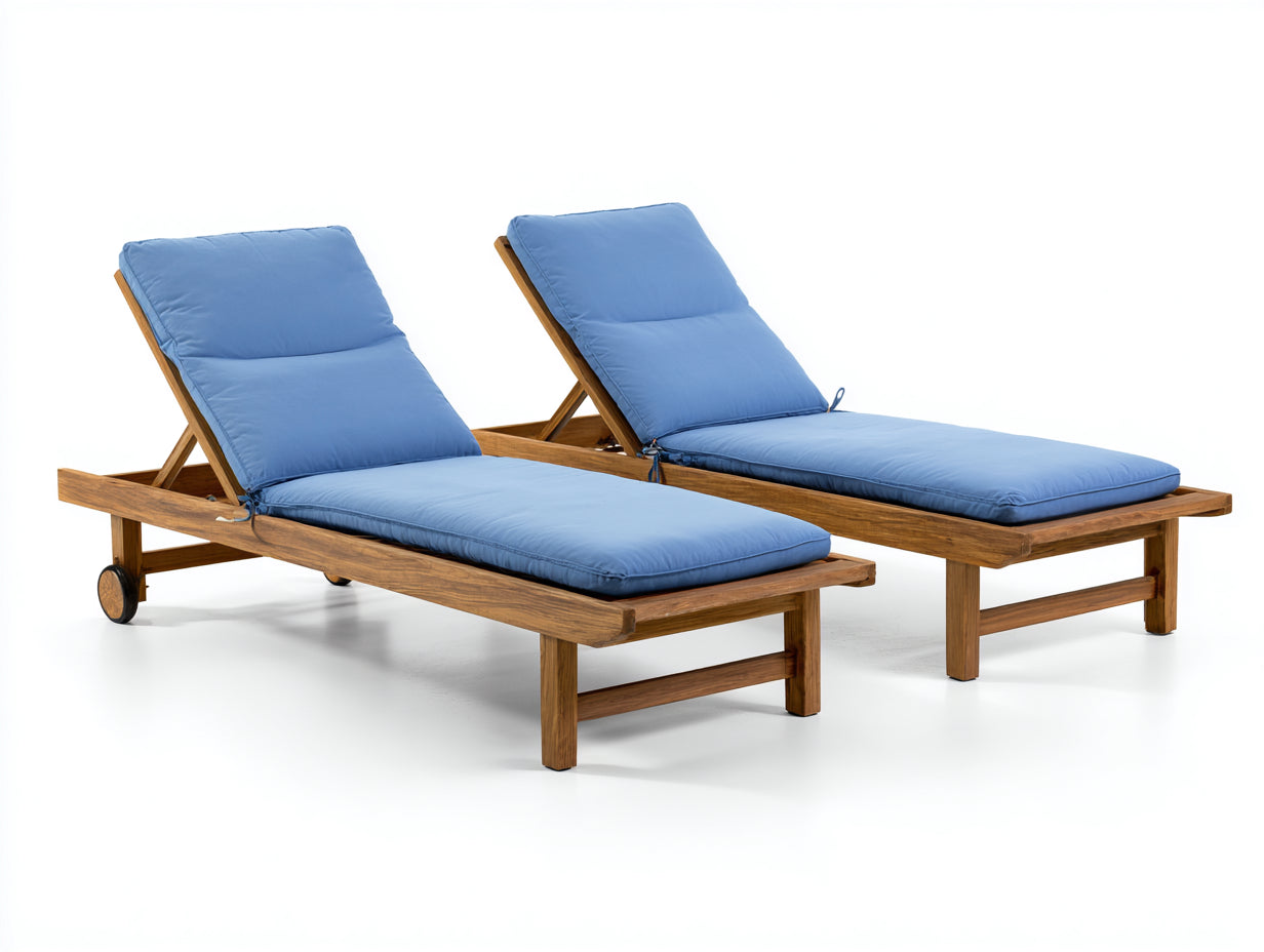 Sonnenliege 2er Set aus Holz mit verstellbarer Rückenlehne 200 x 65 x 92 cm - Naturholz und Blau - Mit Rollen für Garten Terrasse und Poolbereich