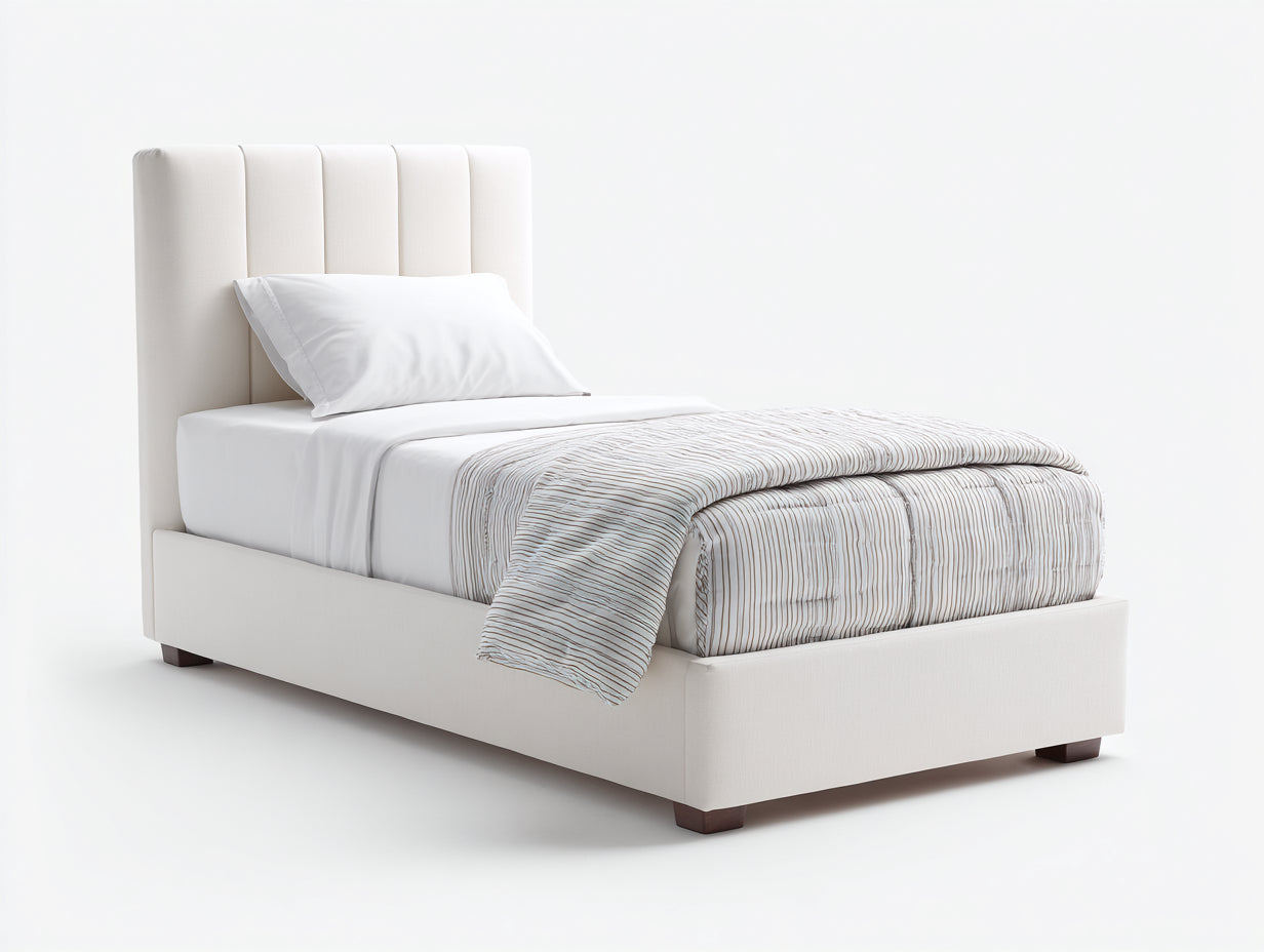 Einzelbett - Gepolstertes Stoffbett 214 x 101 x 112 cm - Cremeweiß - Hohes vertikal abgestepptes Kopfteil - Modernes Design